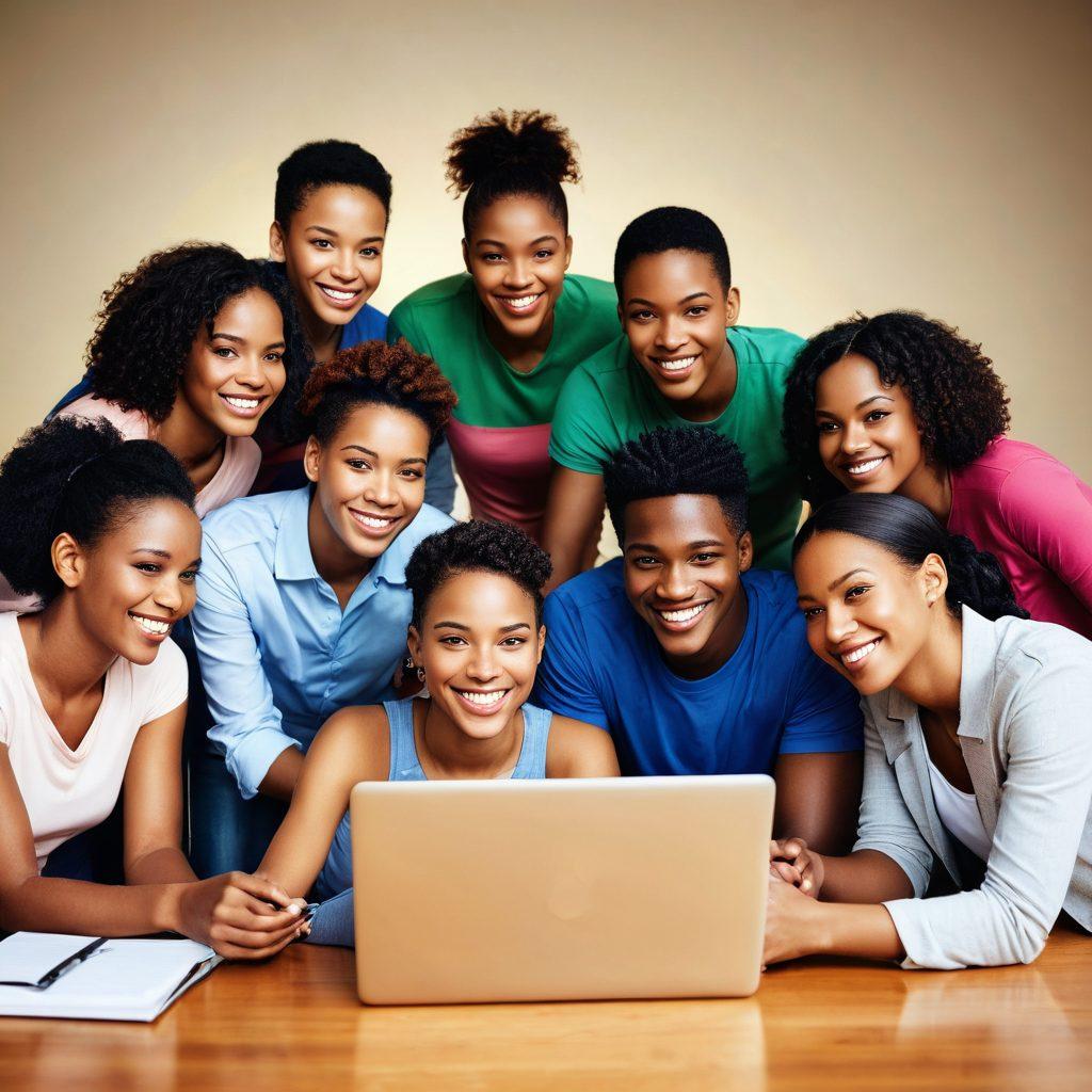 A diverse group of individuals, sitting together around a laptop, smiling and sharing ideas, symbolizing connection in the digital age. Soft, warm lighting to create an inviting atmosphere, with elements of technology like smartphones and tablets scattered around. The background features subtle social media icons to hint at online networking. Overall, an uplifting and engaging scene that captures the essence of building meaningful relationships. vibrant colors. super-realistic.