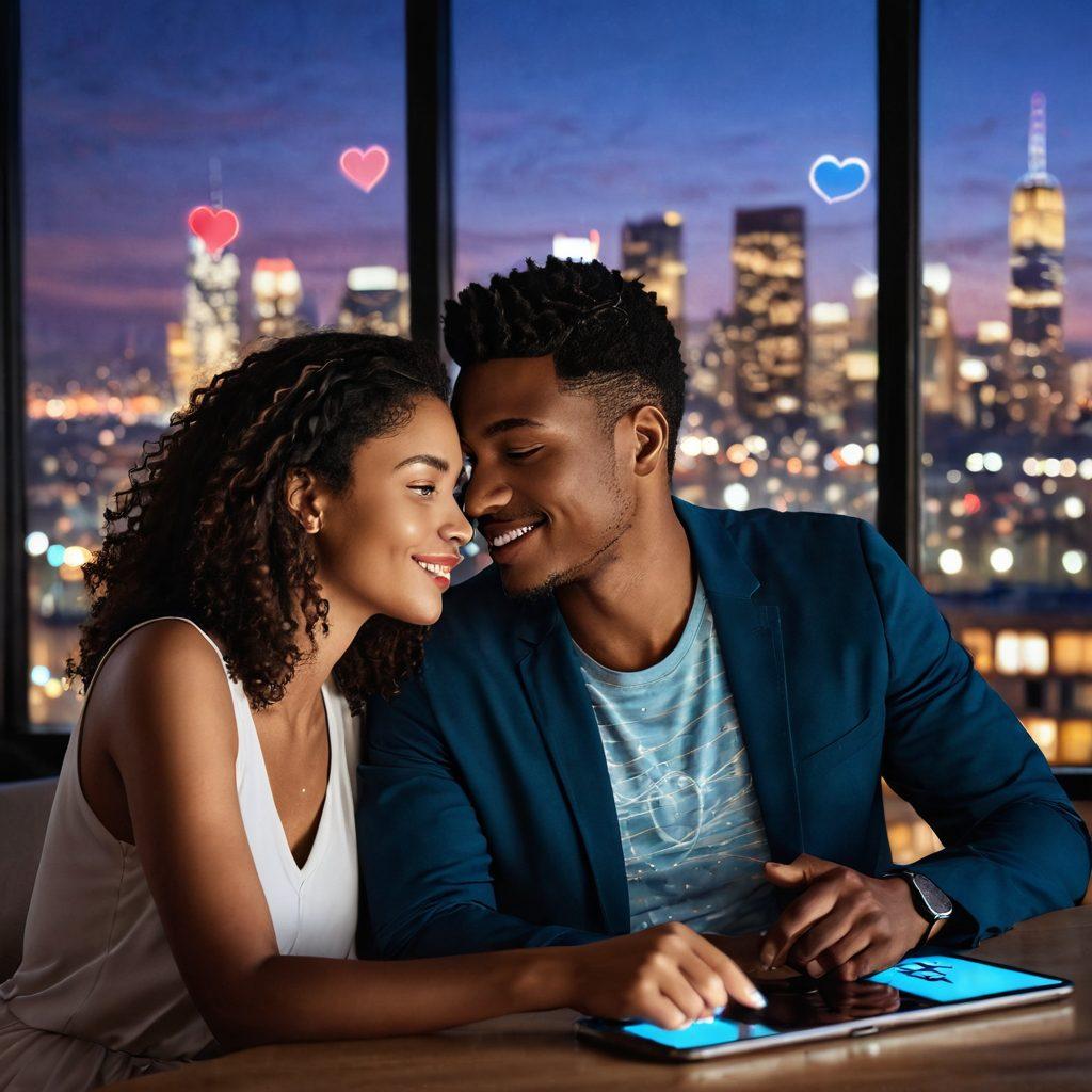 A serene scene featuring a couple engaged in a video call, surrounded by digital symbols of connection like hearts and chat bubbles. Soft ambient lighting illuminates their faces, reflecting warmth and affection, while a city skyline is subtly seen through the window as a backdrop. The image captures the essence of modern love in a digital world, highlighting intimacy and connection. vibrant colors. super-realistic. soft focus.