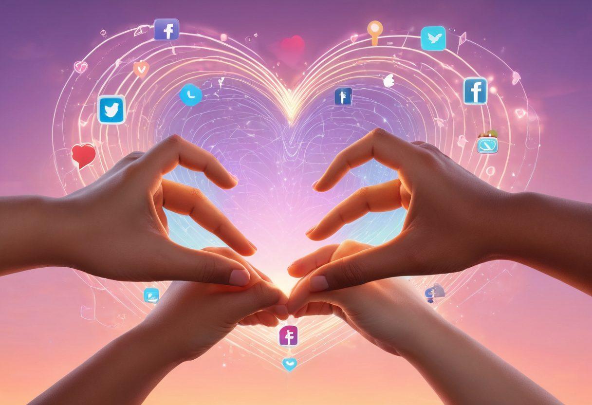 A warm, heart-shaped digital landscape symbolizing love and friendship, with intertwined hands representing support, set against a backdrop of social media icons and glowing connection lines. Soft pastel colors radiate positivity and warmth. super-realistic. vibrant colors. digital art.